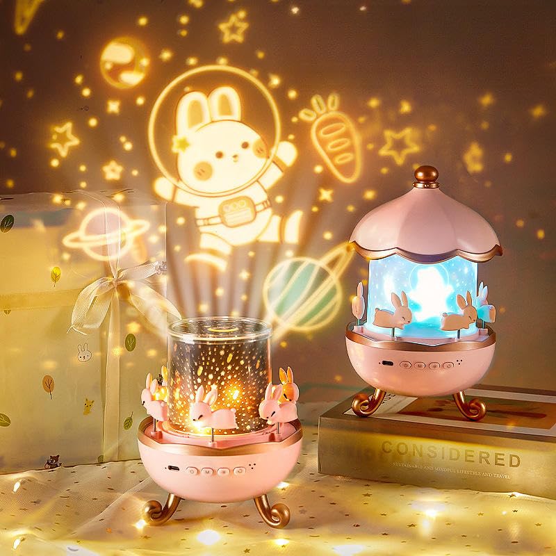 Night Light Projector, 6 Set Films Rotating LED Lamp, Star Projection Light for A Magical Nursery Atmosphere, Rotatable Rabbit Night Lamp for Kids Room Decor (Bunny Night Light)